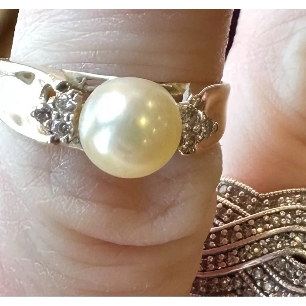 14K Gold Pearl & Diamond Ring Vintage Classic Setting Imprint‎ ADRG Heart size 7